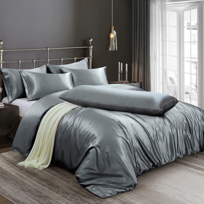 Ersmak 6 Pieces Satin Duvet Cover Full/Queen Size Luxury Silky Bedding Duvet Cover Set with 1 Soft Duvet Cover  4 Queen Pillowcases and 1 Body Pillowcase  Grey - Image 1